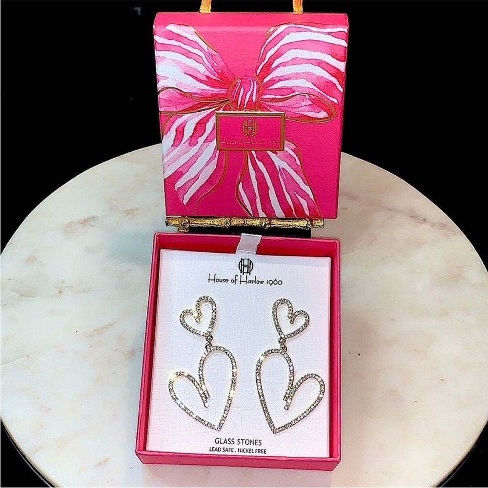 House of Harlow 1960 Gold Glass Stone Heart Earrings new in box